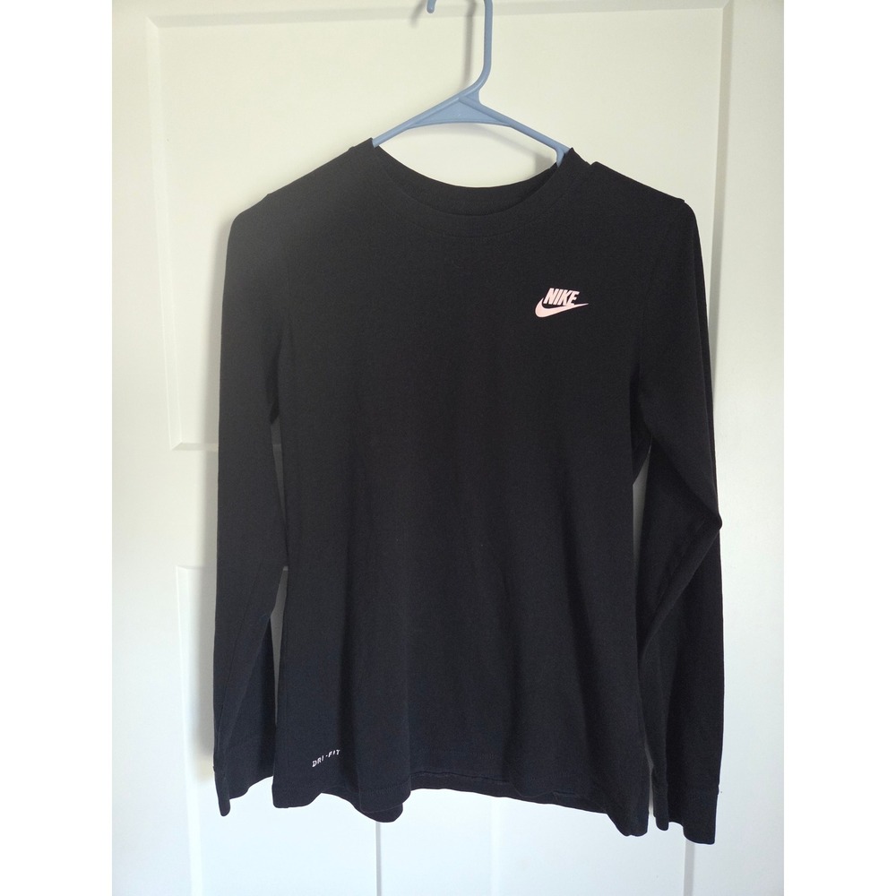 Nike Dri-FIT Long Sleeve Shirt Black Pink Logo Small Activewear Top